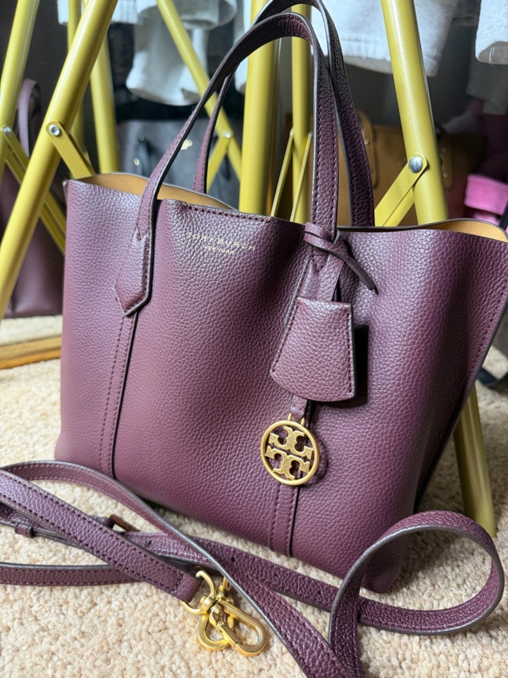 Tory Burch Perry Small Tote Burgundy Leather Crossbody Gold Logo 💼✨ New York Bag